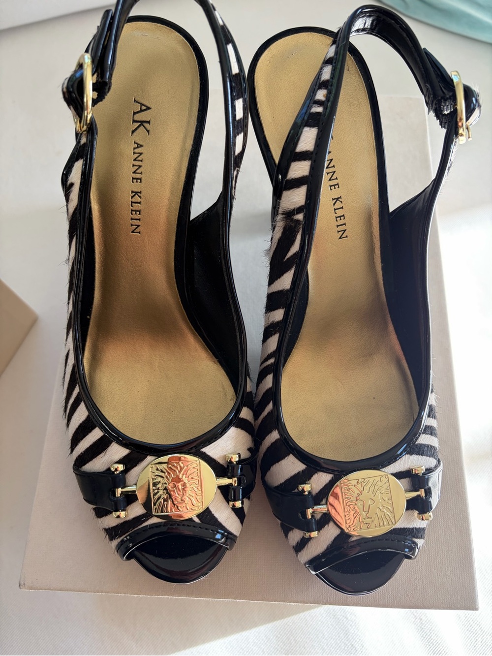 Anne Klein Black and White Zebra Print Slingback Wedges with Gold Accent